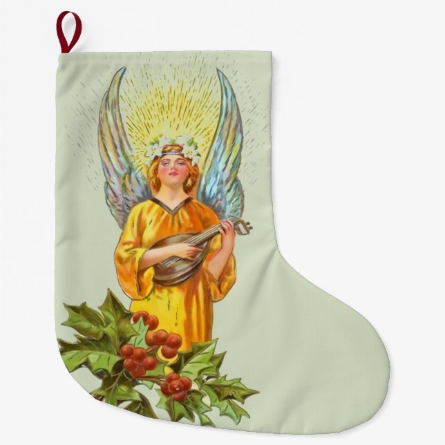 Grande Chaussette De Noël Ange avec houx et mandoline  (Devant)
