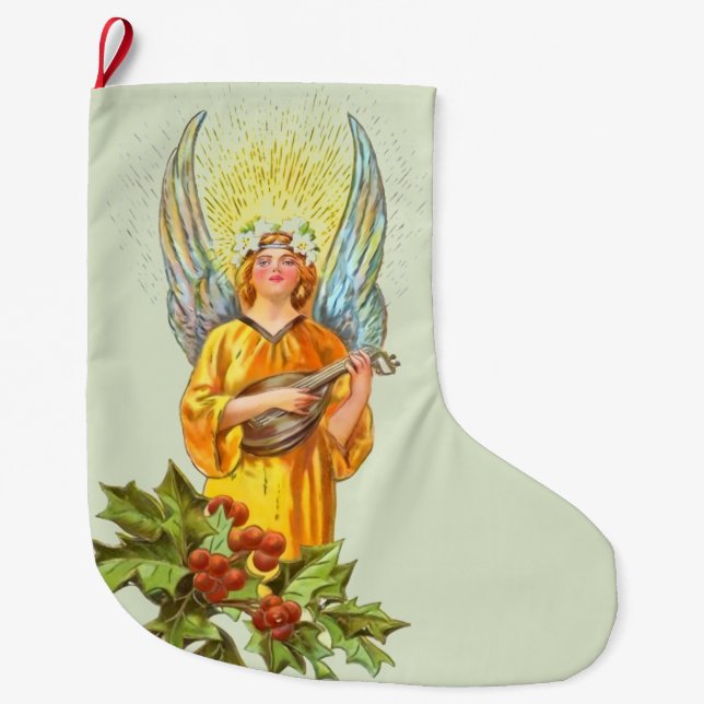 Grande Chaussette De Noël Ange avec houx et mandoline  (Devant)