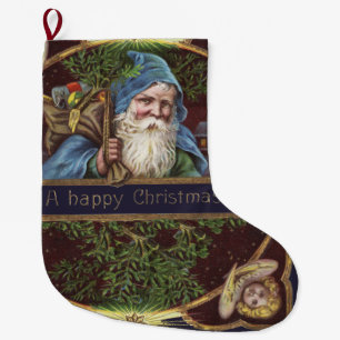 Grande Chaussette De Noël Anges victoriens de Noël Bleu Art Vintage de Noël