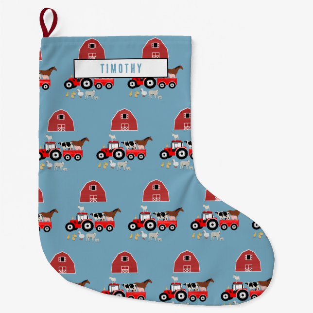 Grande Chaussette De Noël Animaux de ferme et tracteur rouge Barnyard Boys M (Devant)