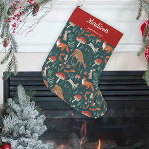 Grande Chaussette De Noël Animaux mignons de la forêt verte de Noël