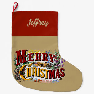 Grande Chaussette De Noël Années 1800 Vintage Joyeux Noël Coloré