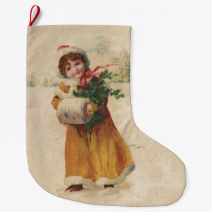Grande Chaussette De Noël Antique Fille de Noël Enfant d'hiver