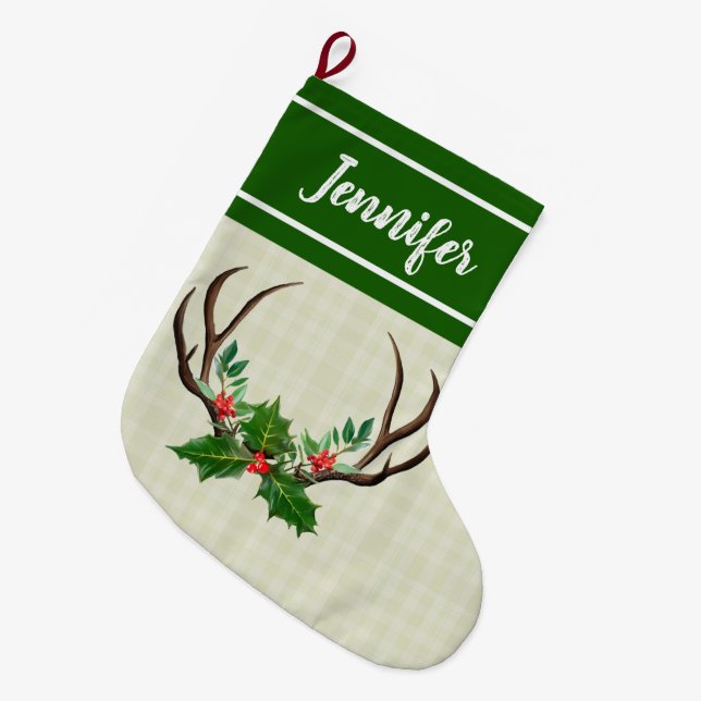 Grande Chaussette De Noël Antlers rustiques Green Holly et Red Berries (Devant (Accrochage))