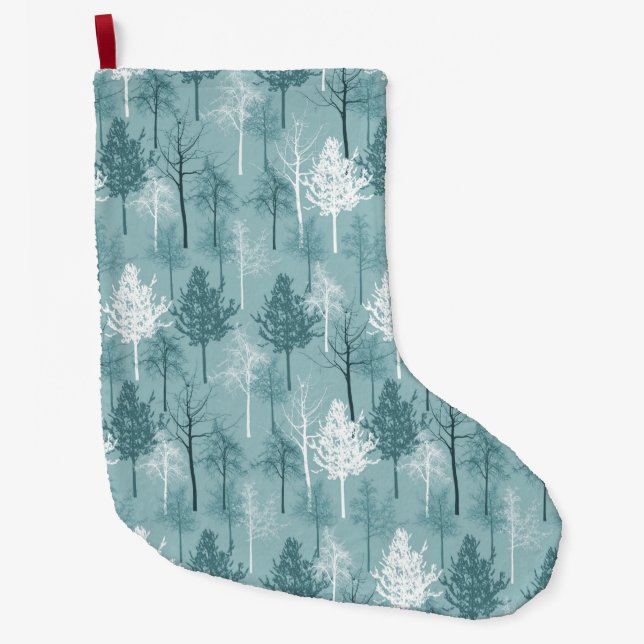 Grande Chaussette De Noël Aqua bleu et arbres blancs (Devant)