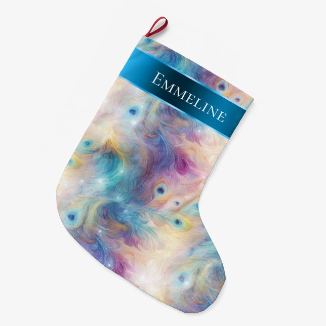 Grande Chaussette De Noël Aqua Purple Floral Peacock Plumes Noël (Devant (Accrochage))