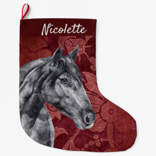 Grande Chaussette De Noël Aquarelle Cheval noir Personnalisé