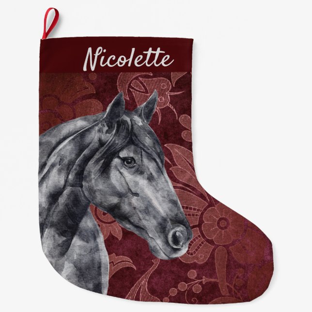 Grande Chaussette De Noël Aquarelle Cheval noir Personnalisé (Devant)