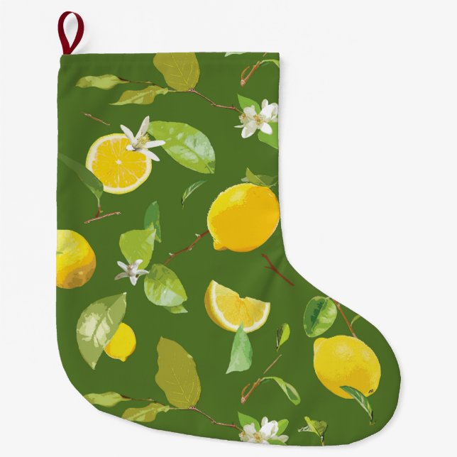 Grande Chaussette De Noël Aquarelle Citron et Feuilles 5 (Devant)