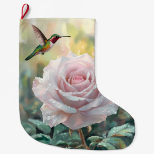 Grande Chaussette De Noël Aquarelle Colibri et rose