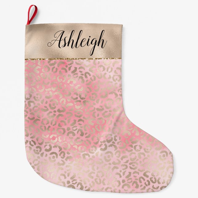 Grande Chaussette De Noël Aquarelle Empreinte de léopard de Glam rose fille (Devant)