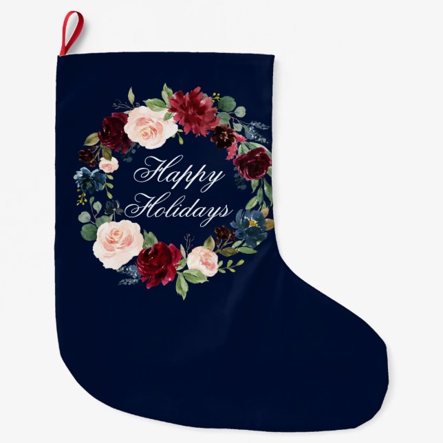 Grande Chaussette De Noël Aquarelle Floral Wreath Joyeux Vacances Bleu (Devant)