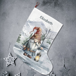 Grande Chaussette De Noël Aquarelle hiver Gnome de Noël personnalisé