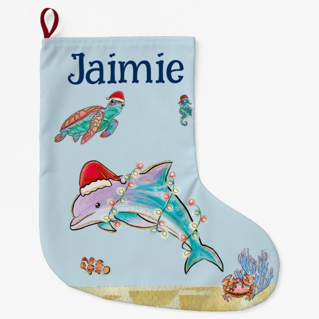 Grande Chaussette De Noël Aquarelle océanique de la tortue dauphine personna (Devant)