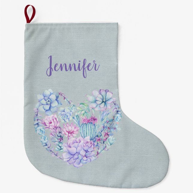 Grande Chaussette De Noël Aquarelle personnalisée Succulents Coeur (Devant)