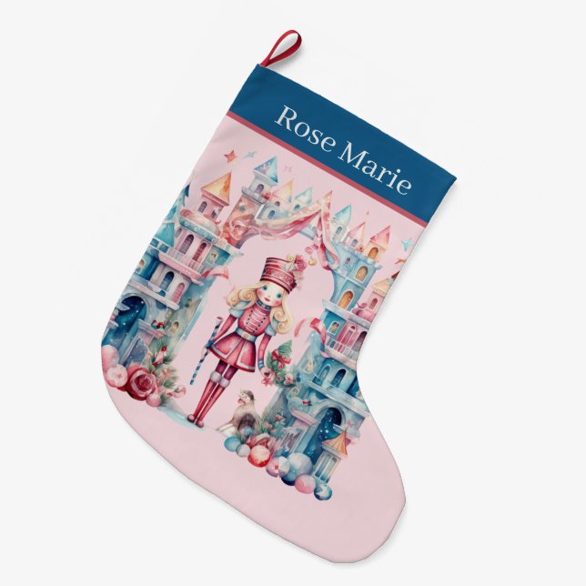 Grande Chaussette De Noël Aquarelle rose noutcracker ajouter nom (Devant (Accrochage))