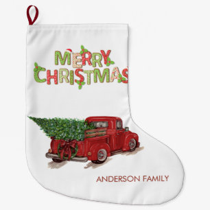 Grande Chaussette De Noël Aquarelle Rouge Camion Pine Arbre Joyeux Noël