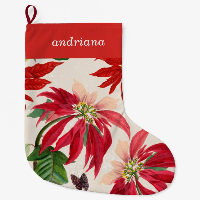 Grande Chaussette De Noël Aquarelle rouge rustique Poinsettia Flore Verdure (Devant)