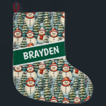 Grande Chaussette De Noël Aquarelle Snowman Noël personnalisé<br><div class="desc">Aquarelle douillette snowmen dans écharpes rouges chaudes et casquettes tricotés chauds et un joli vert,  rouge et bleu pin arrière - plan personnalisation stockage de Noël.</div>