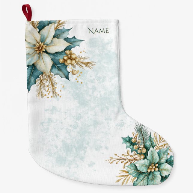 Grande Chaussette De Noël Aquarelle Turquoise Fleurs Noël Stocker (Devant)
