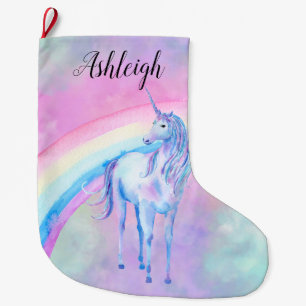 Grande Chaussette De Noël Aquarelle violette Unicorn Rainbow