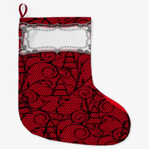 Grande Chaussette De Noël Arbre à dentelle rouge et noire ou manteau