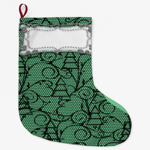 Grande Chaussette De Noël Arbre à dentelle verte et noire ou manteau