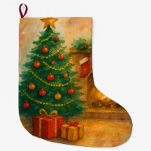 Arbre de Noël à l'aquarelle & Cheminée confortable