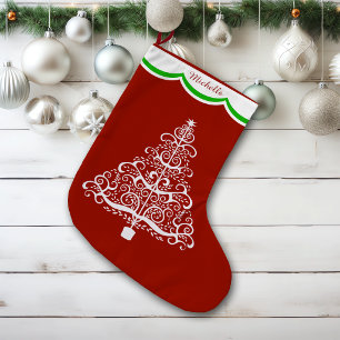 Grande Chaussette De Noël Arbre de Noël blanc sur personnalisé rouge
