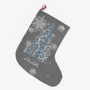 Grande Chaussette De Noël Arbre de Noël bleu et flocons de neige Stocking