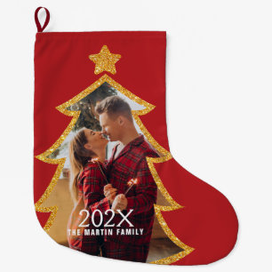 Grande Chaussette De Noël Arbre de Noël Rouge Brillants Photo Personnalisé