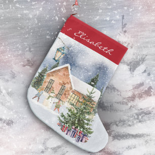 Grande Chaussette De Noël Arbre de Noël Snowman Cadeaux Enfants Scène d'hive