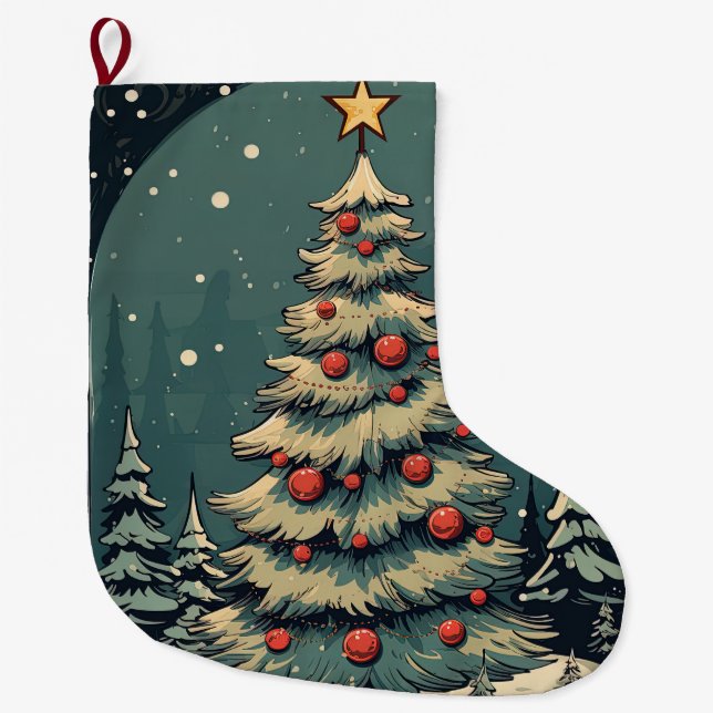 Grande Chaussette De Noël Arbre de Noël Vintage (Devant)