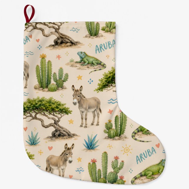 Grande Chaussette De Noël Arbre divi d'Aruba, âne, iguane, cactus (Devant)