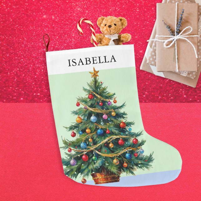 Grande Chaussette De Noël Arbre Festif Personnalisé Retro (A personalized Christmas stocking, with picture of a decorative Christmas tree on both sides)