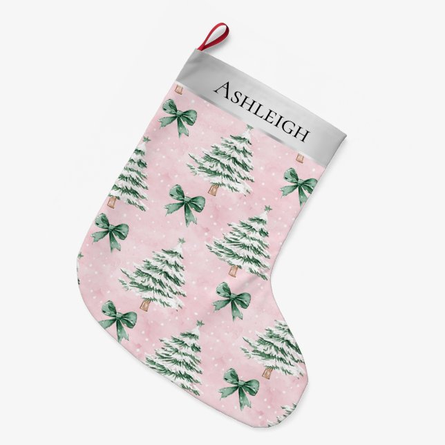 Grande Chaussette De Noël Arbres de Noël argentés Bows verts roses (Devant (Accrochage))