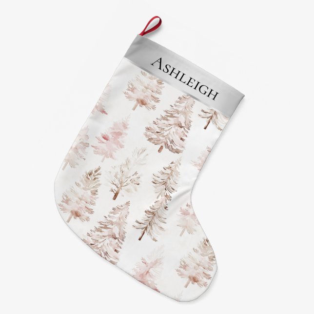 Grande Chaussette De Noël Arbres de Noël blanc rose argenté (Devant (Accrochage))