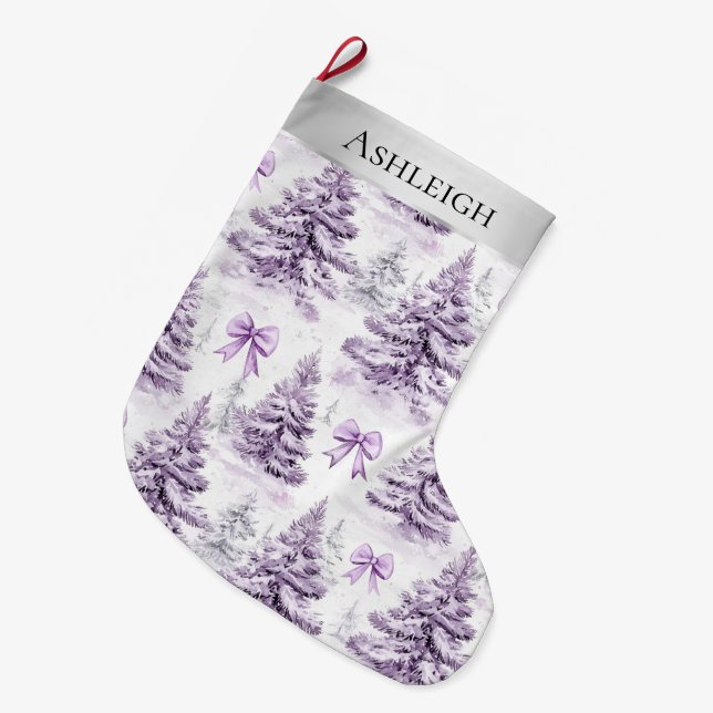 Grande Chaussette De Noël Arbres de Noël pourpres en argent (Devant (Accrochage))