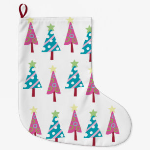 Grande Chaussette De Noël Arbres de Noël Stocker, Rose et Bleu