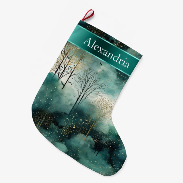 Grande Chaussette De Noël Arbres d'or vert Nom de Noël (Devant (Accrochage))