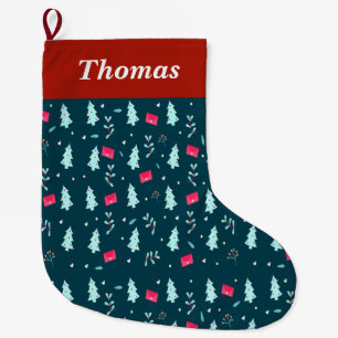 Grande Chaussette De Noël Arbres et lettres motif de Noël turquoise