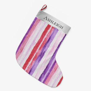 Grande Chaussette De Noël Argent Noël Pin violet Rouge rayures