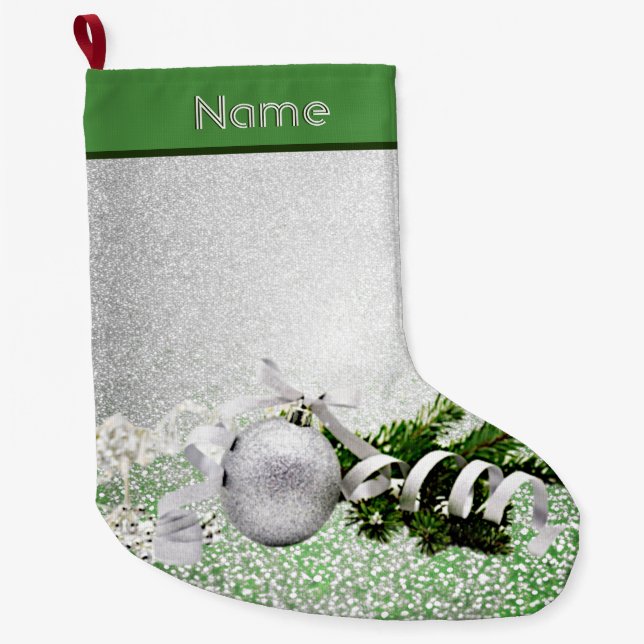 Grande Chaussette De Noël Argent Ornament Blanc Ruban de Noël Stocker (Devant)