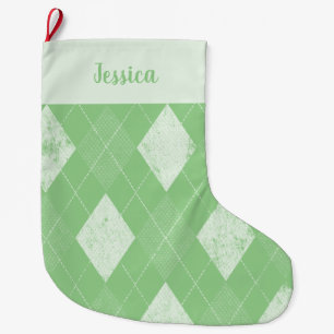 Grande Chaussette De Noël Argyle en vert et blanc distressé