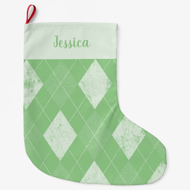 Grande Chaussette De Noël Argyle en vert et blanc distressé (Devant)