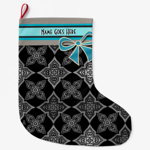 Grande Chaussette De Noël Art Déco Star Flowers Black Grey Aqua Personnalisé