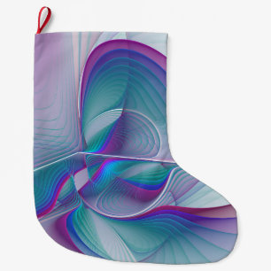 Grande Chaussette De Noël Art Fractal Abstrait rose bleu turquoise