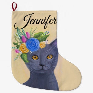 Grande Chaussette De Noël Art Whimsical Cat Gris