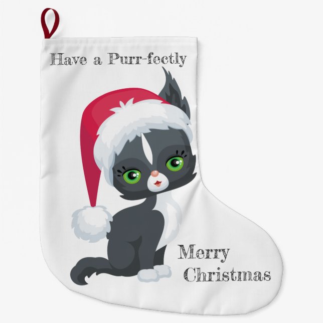 Grande Chaussette De Noël Ayez un Joyeux Noël Purr-fecly (Devant)