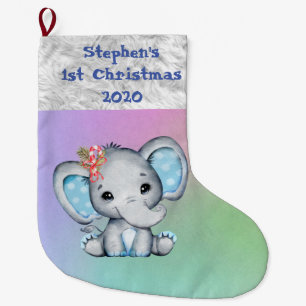 Grande Chaussette De Noël Baby 1er Noël Blue Boy Elephant